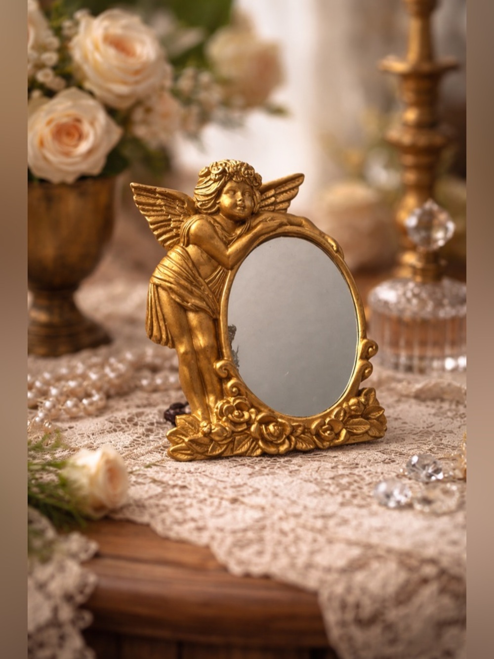 Vintage Gold Cherub Mirror w/ Roses • Romantic Angel Vanity Décor • Collectible - Picture 3 of 14